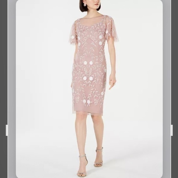 Adrianna Papell Dresses & Skirts - Adrianna Papell Embellished Flutter-Sleeve Sheath Dress in Dusted Petal/Ivory